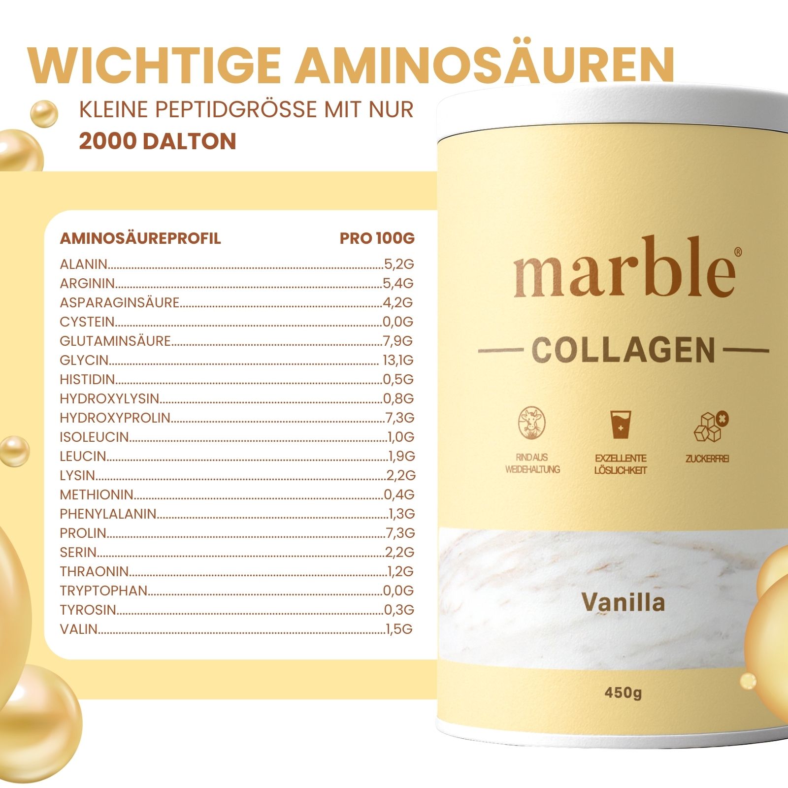 Beige Dose mit Aufschrift marble® COLLAGEN, Vanilla, 450g. Aminosäureprofil-Tabelle. Text: Wichtige Aminosäuren, kleine Peptidgröße.