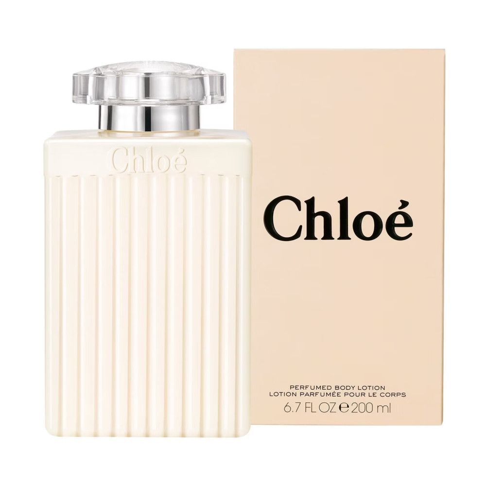 Körperlotion-Flasche und Verpackungsbox von Chloe. Flasche weiß, gerippt, mit transparentem Deckel.