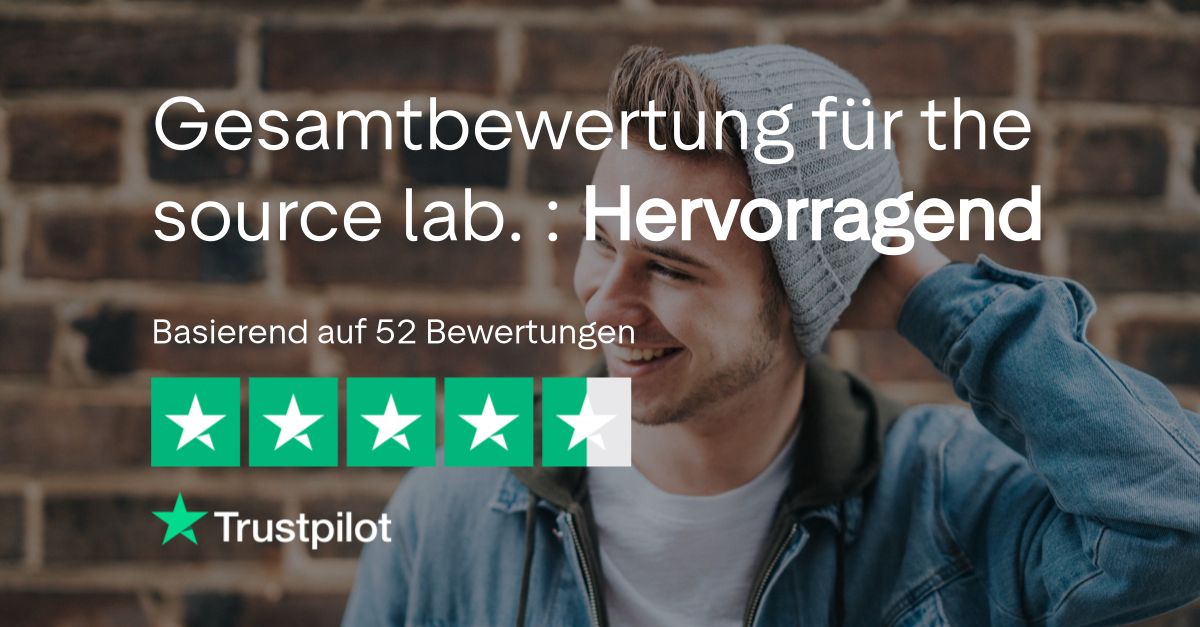 Bewertung von the source lab. Hervorragend. 5 Sterne. Trustpilot-Logo.