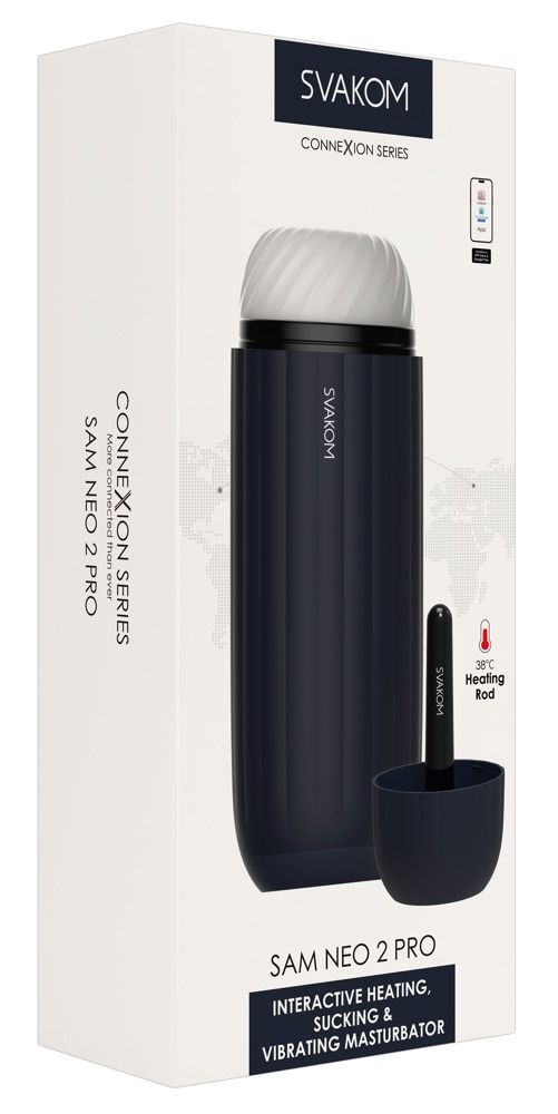 Verpackung von SVAKOM Sam Neo 2 Pro. Enthält Masturbator, Heizstab und Behälter.