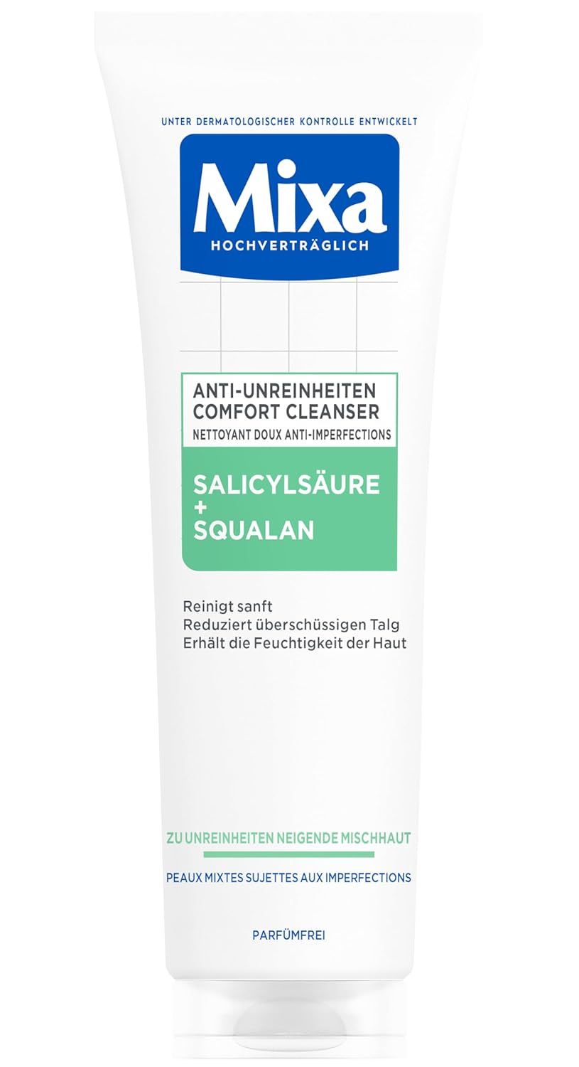 Tube von Mixa Anti-Unreinheiten Comfort Cleanser. Text: Anti-Unreinheiten Comfort Cleanser, Salicylsäure + Squalen. Für zu Unreinheiten neigende Mischhaut.