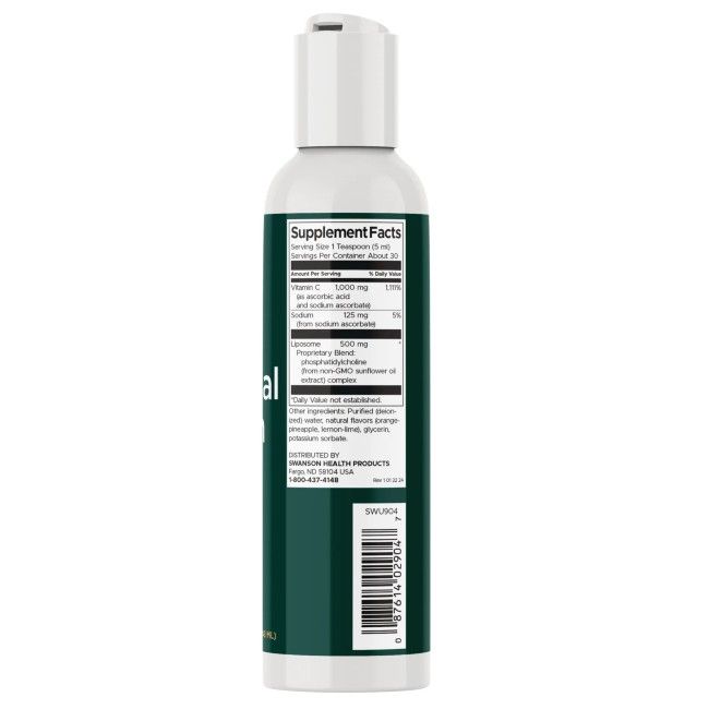 Rückseite einer Flasche Swanson Liposomales Vitamin C mit Nährwertangaben und Inhaltsstoffen.