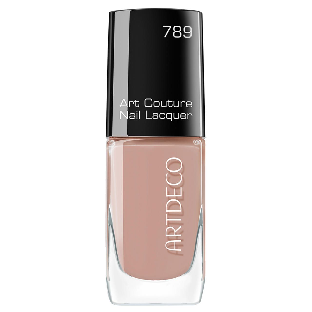 Artdeco Art Couture Nagellack, Farbton 789. Flasche mit schwarzem Deckel und hellbraunem Lack. Artdeco-Logo.