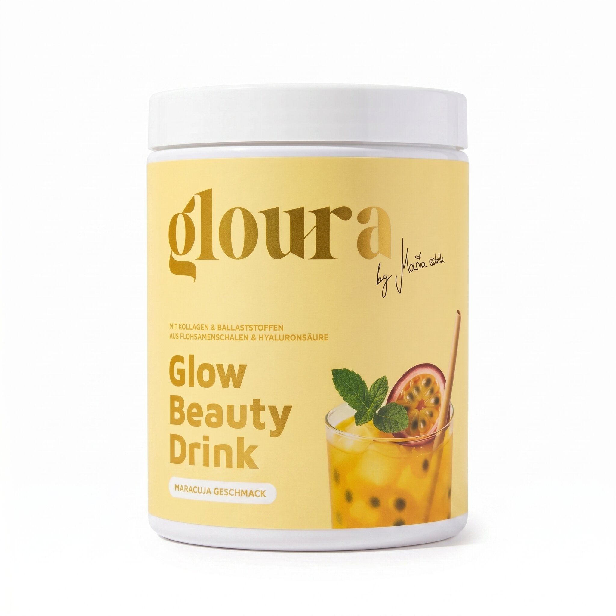 Gloura Glow Beauty Drink Pulver in gelber Dose mit Kollagen & Hyaluronsäure. Maracuja Geschmack.