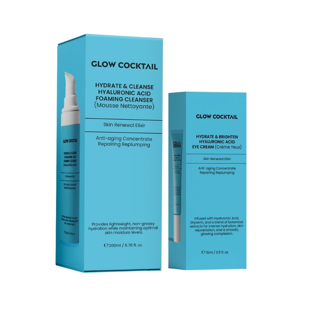 Zwei blaue Produktverpackungen. Links: Reiniger-Box mit Produktabbildung. Rechts: Augencreme-Box. Text: Glow Cocktail, Hydrate & Cleanse.