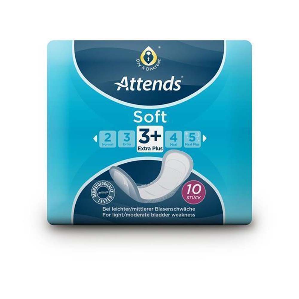 Verpackung Attends Soft 3+ Extra Plus. Blaue quadratische Packung mit Produkt und Saugstärken-Indikator. 10 Stück. Für leichte bis mittlere Blasenschwäche.
