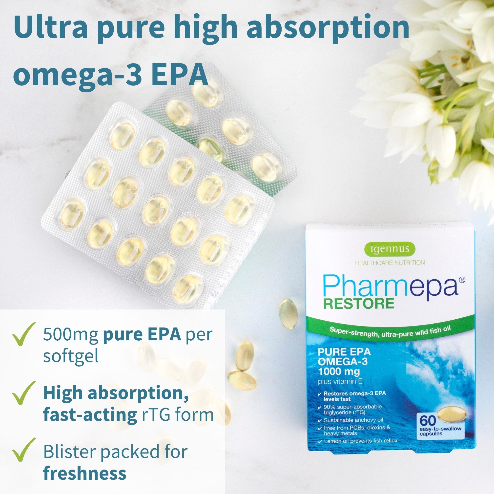 Igennus PharmEPA RESTORE Omega-3: Blisterpackungen mit Weichkapseln und Produktkarton.