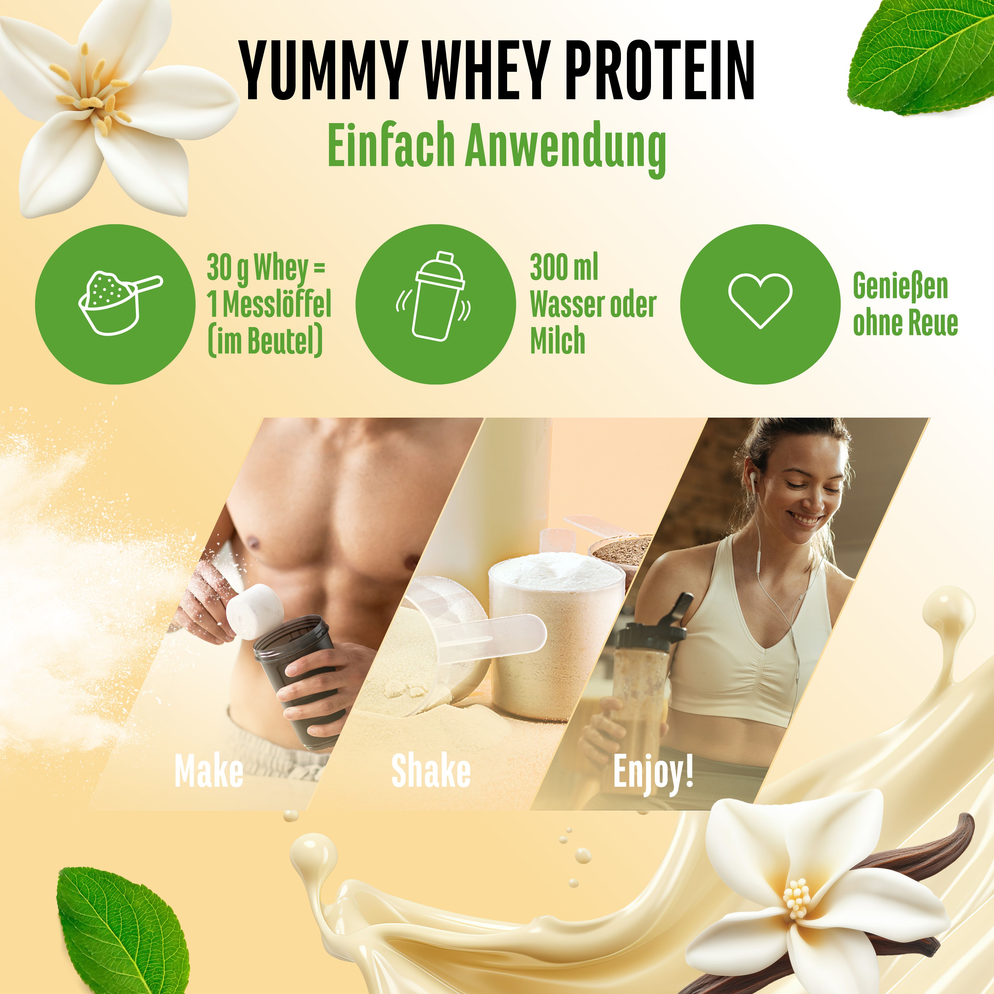 Anwendung von Yummy Whey Protein. Schritte: Mischen, schütteln, genießen. Mit Vanilleschote.