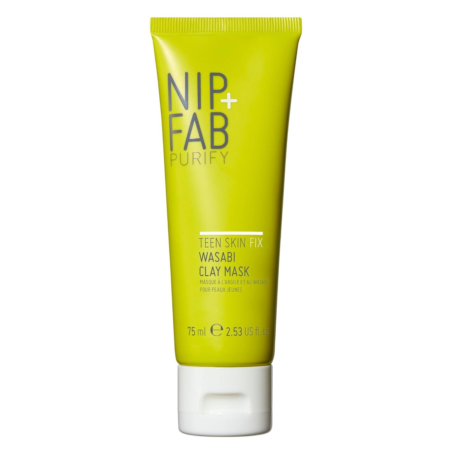 Grüne Tube mit weißem Verschluss. Aufschrift: Nip+Fab, Teen Skin Fix Wasabi Clay Mask. 75 ml.