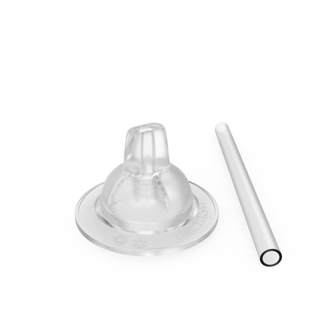 Durchsichtiger Sauger mit rundem Boden und einem Trinkhalm. Beide Teile sind aus Kunststoff.
