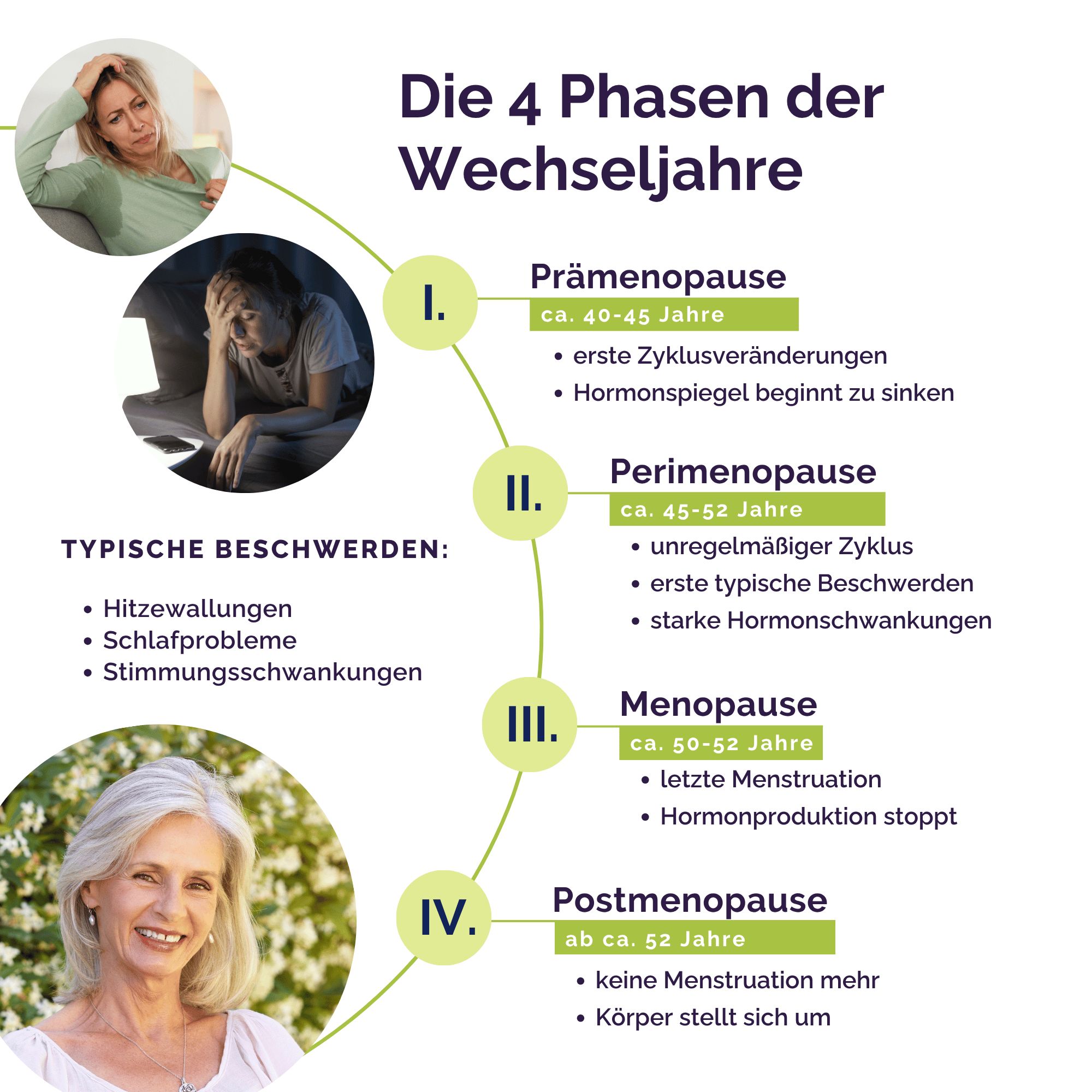 Die 4 Phasen der Wechseljahre: Prämenopause, Perimenopause, Menopause, Postmenopause. Illustrationen und Beschreibungen der Symptome.
