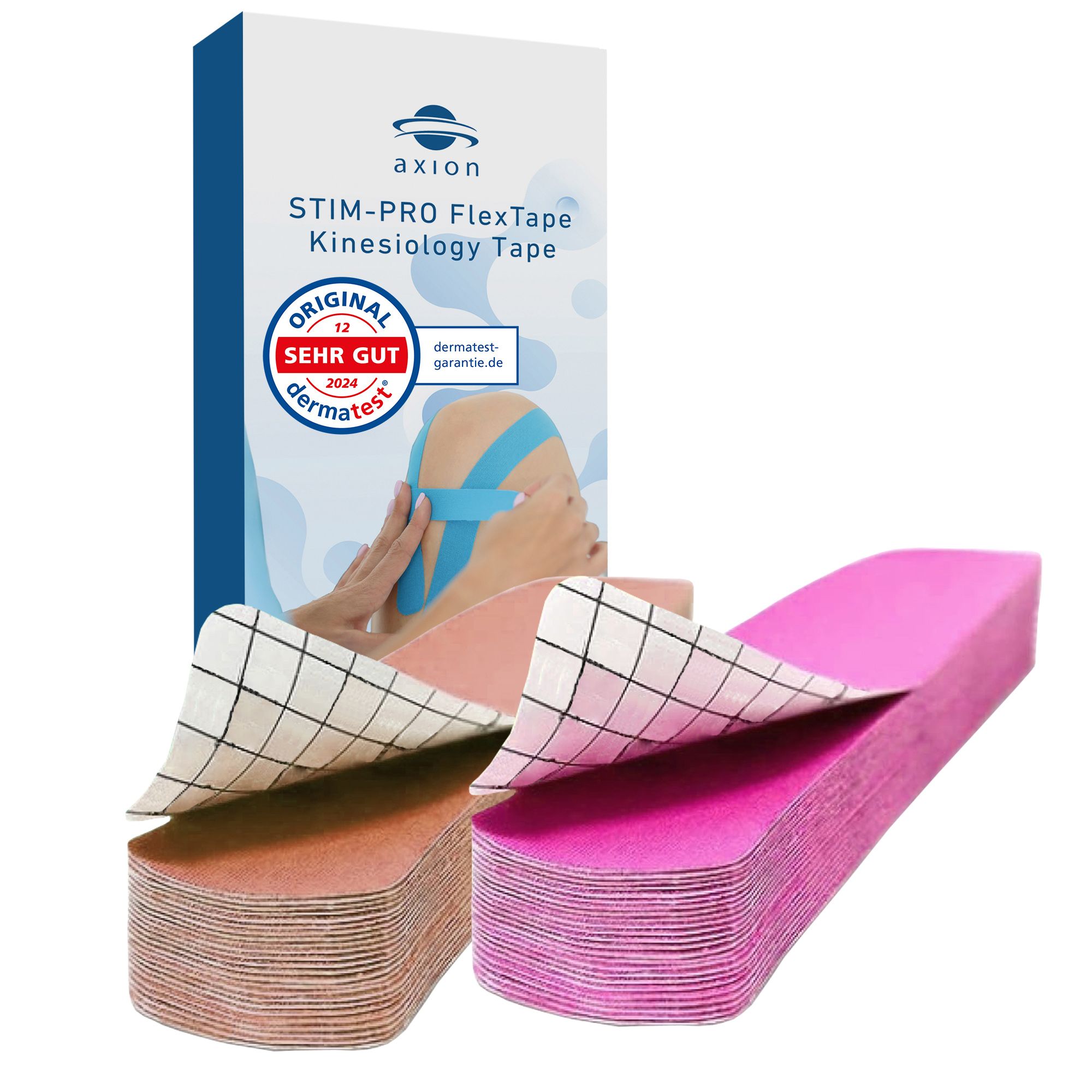 Kinesiologie Tape, rosa und beige, in Stapeln. Verpackung mit Aufdruck: axion, STIM-PRO FlexTape, dermatest.de.