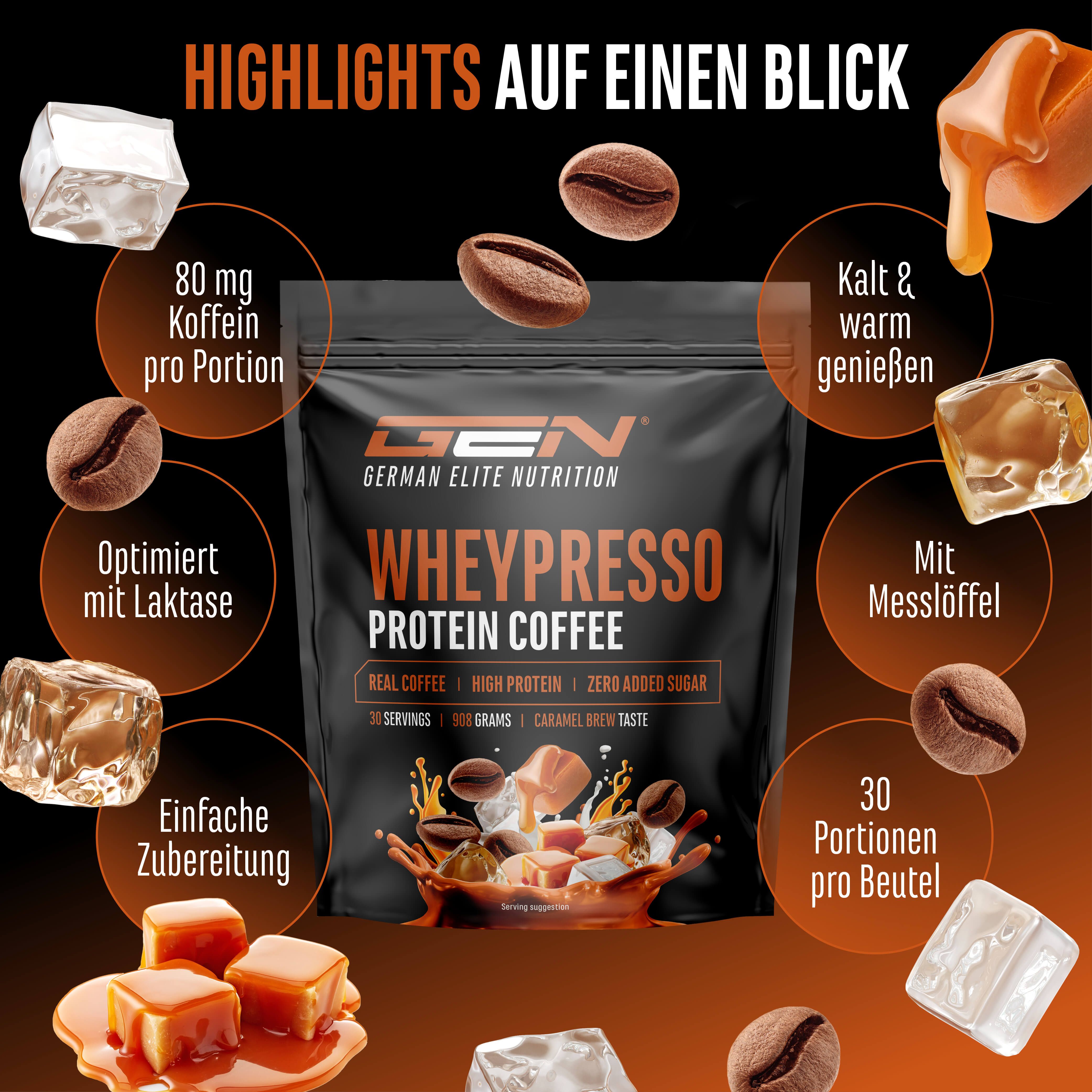 Werbebild mit Produktverpackung und Highlights. Enthält 80mg Koffein pro Portion, 30 Portionen pro Beutel.