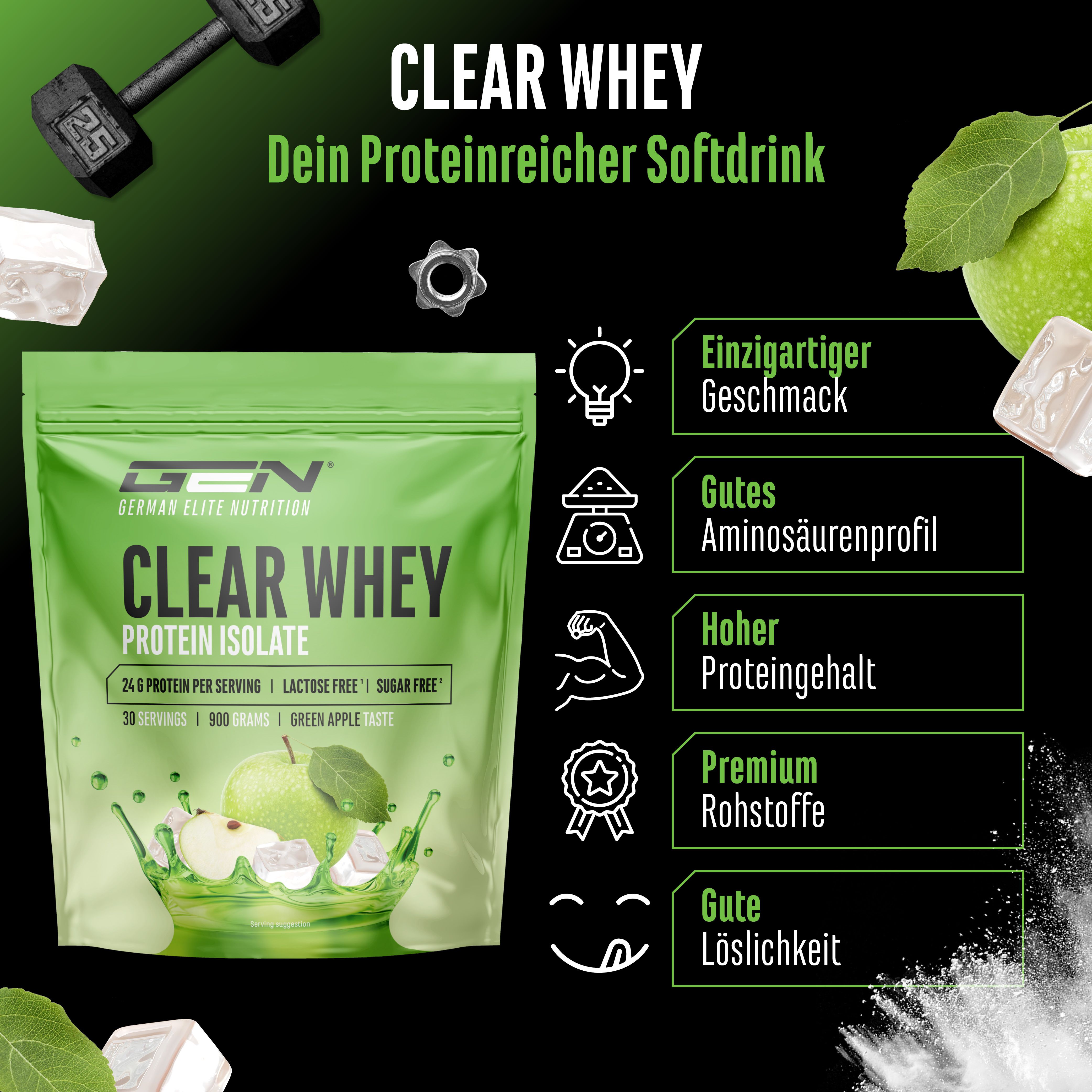 Werbebild mit grünem Beutel "Clear Whey Protein Isolat". Informationen zu 24g Protein, laktosefrei, zuckerfrei, 30 Portionen.