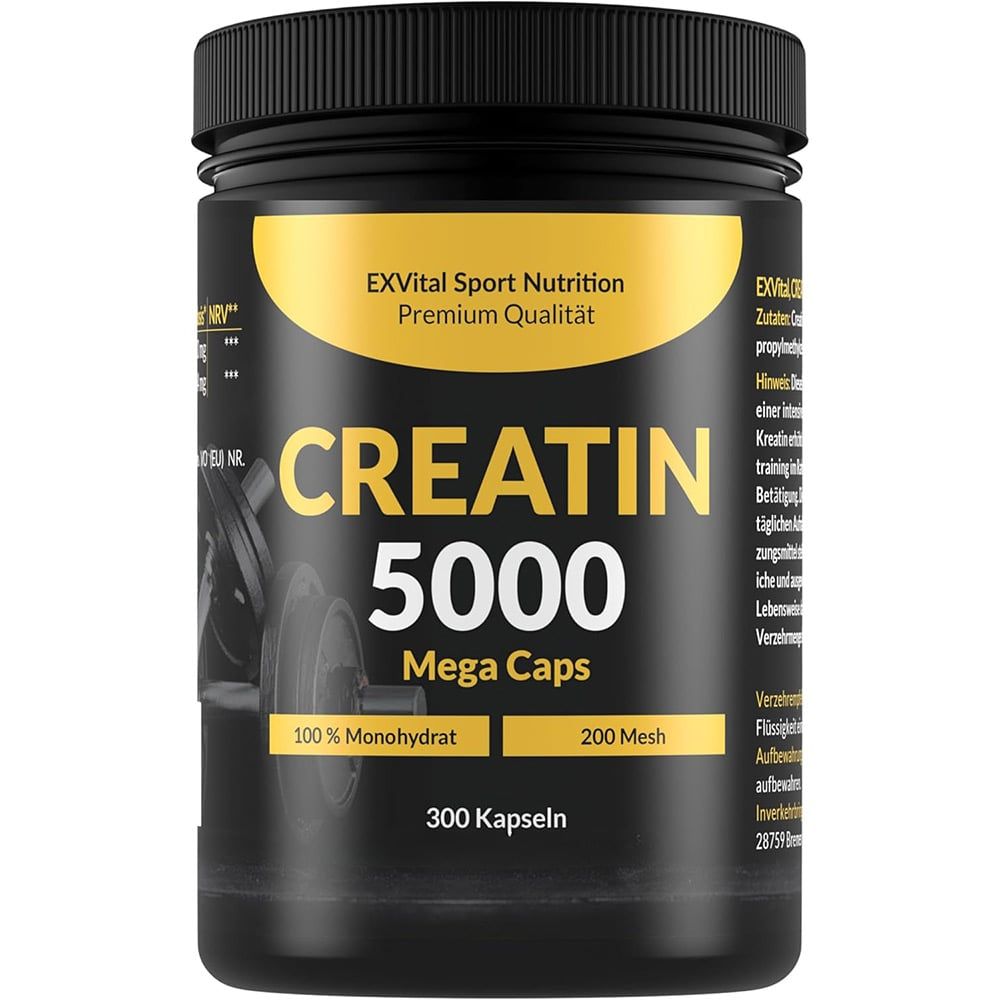 Schwarze Dose mit gelbem Etikett. Aufschrift: CREATIN 5000 Mega Caps, 100% Monohydrat, 200 Mesh, 300 Kapseln. EXVital Sport Nutrition.