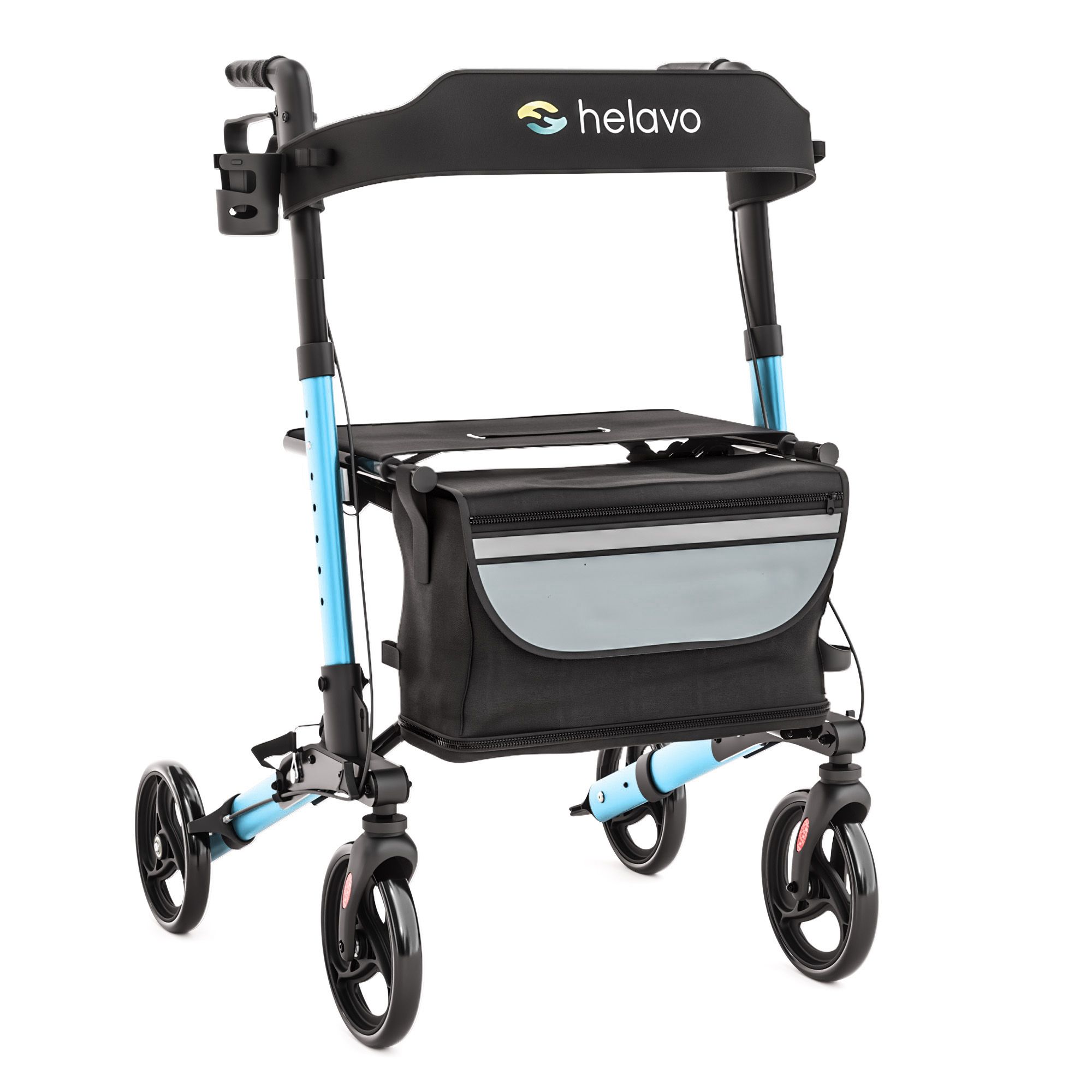 Blauer Aluminium-Rollator mit Sitz, Tasche und Getränkehalter.