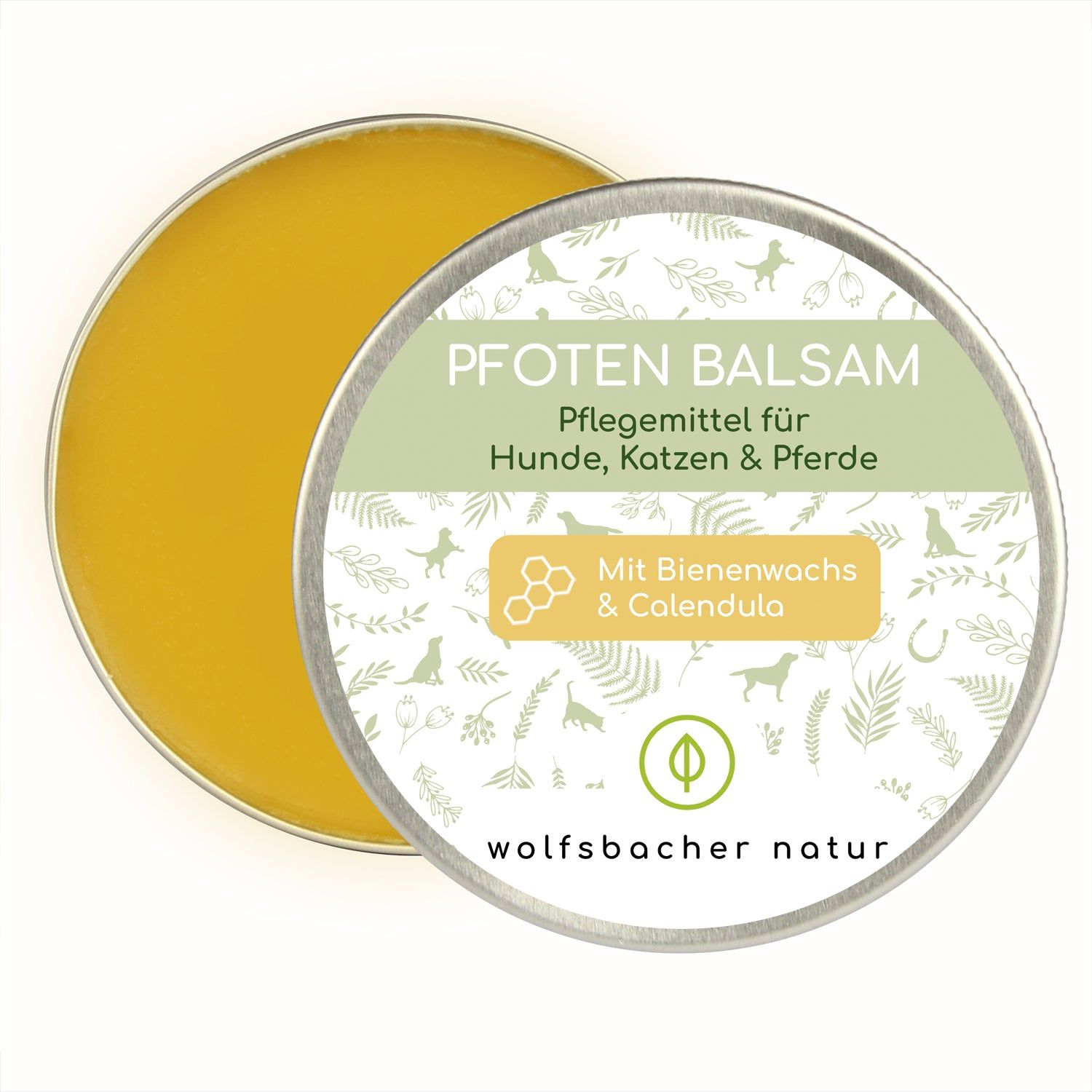 Runde, silberne Dose mit gelbem Balsam. Aufschrift: Pfoten Balsam, Pflege für Hunde, Katzen & Pferde. Mit Bienenwachs & Calendula.