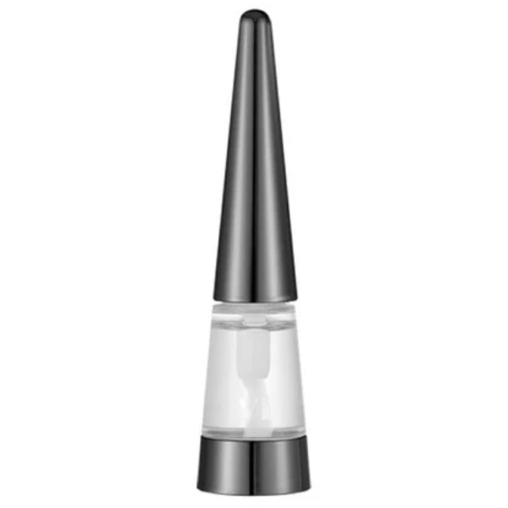 Ein transparenter Lippenplumper mit einem konischen Applikator, silbernem Deckel und sichtbarem Pumpmechanismus.
