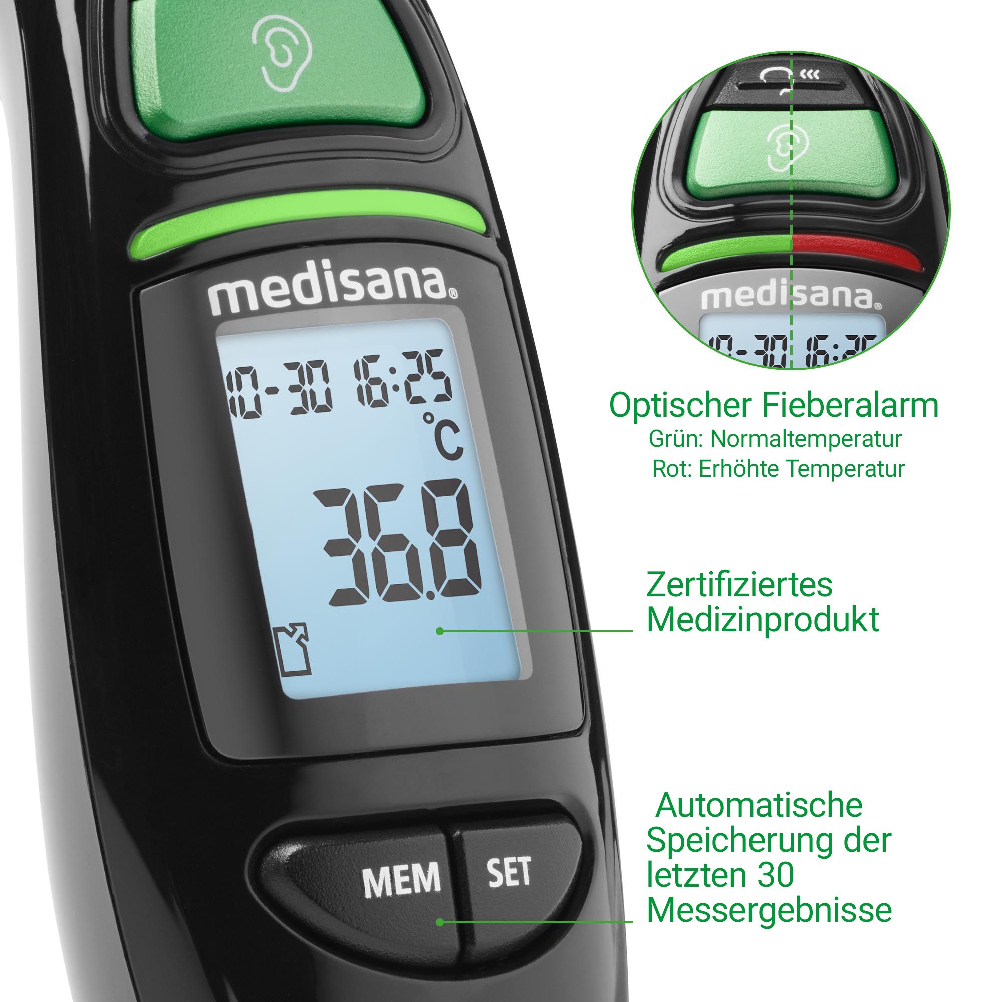 Nahaufnahme eines Fieberthermometers mit digitalem Display, optischem Fieberalarm und Zertifizierung.