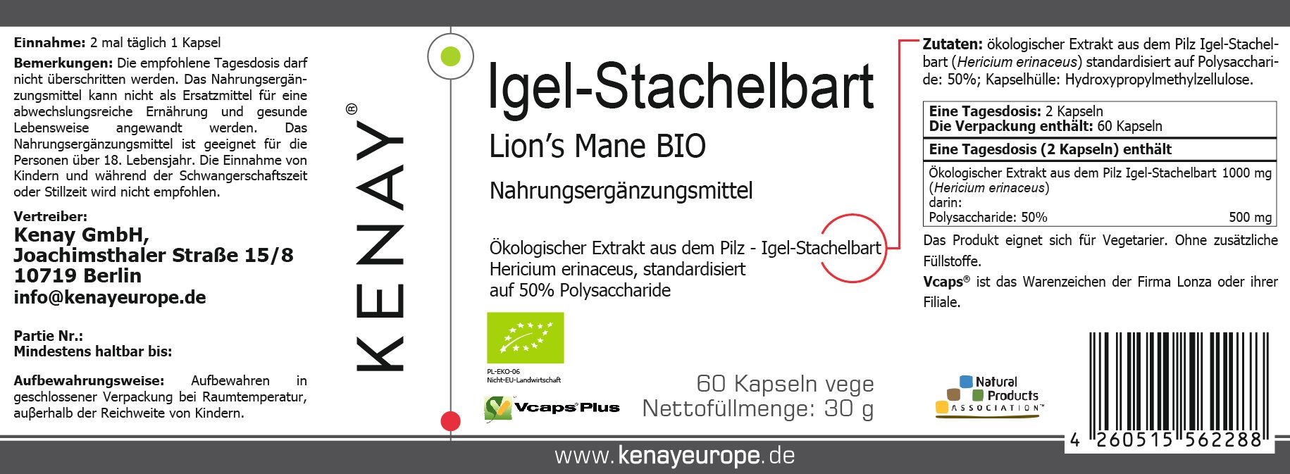 Etikett mit Produktinformationen. Aufschrift: Igel-Stachelbart Lion's Mane BIO, KENAY. 60 Kapseln, 30g. Bio-Siegel. Text in deutscher Sprache.