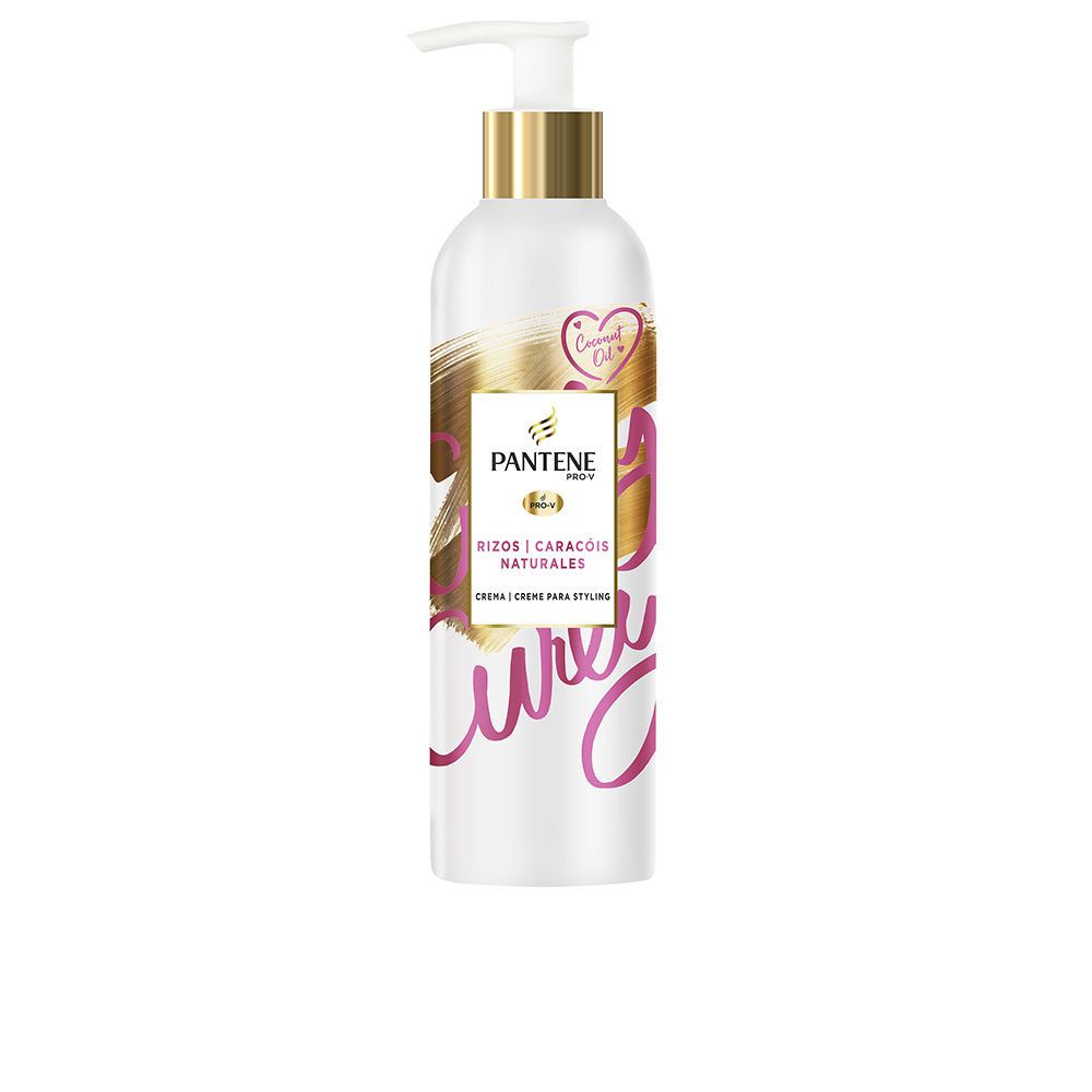 Weiße Flasche mit goldfarbenem Deckel und Pumpe. Aufschrift: PANTENE PRO-V, RIZOS/CARACOLOS NATURALES. Rosa Schriftzug: Curly.