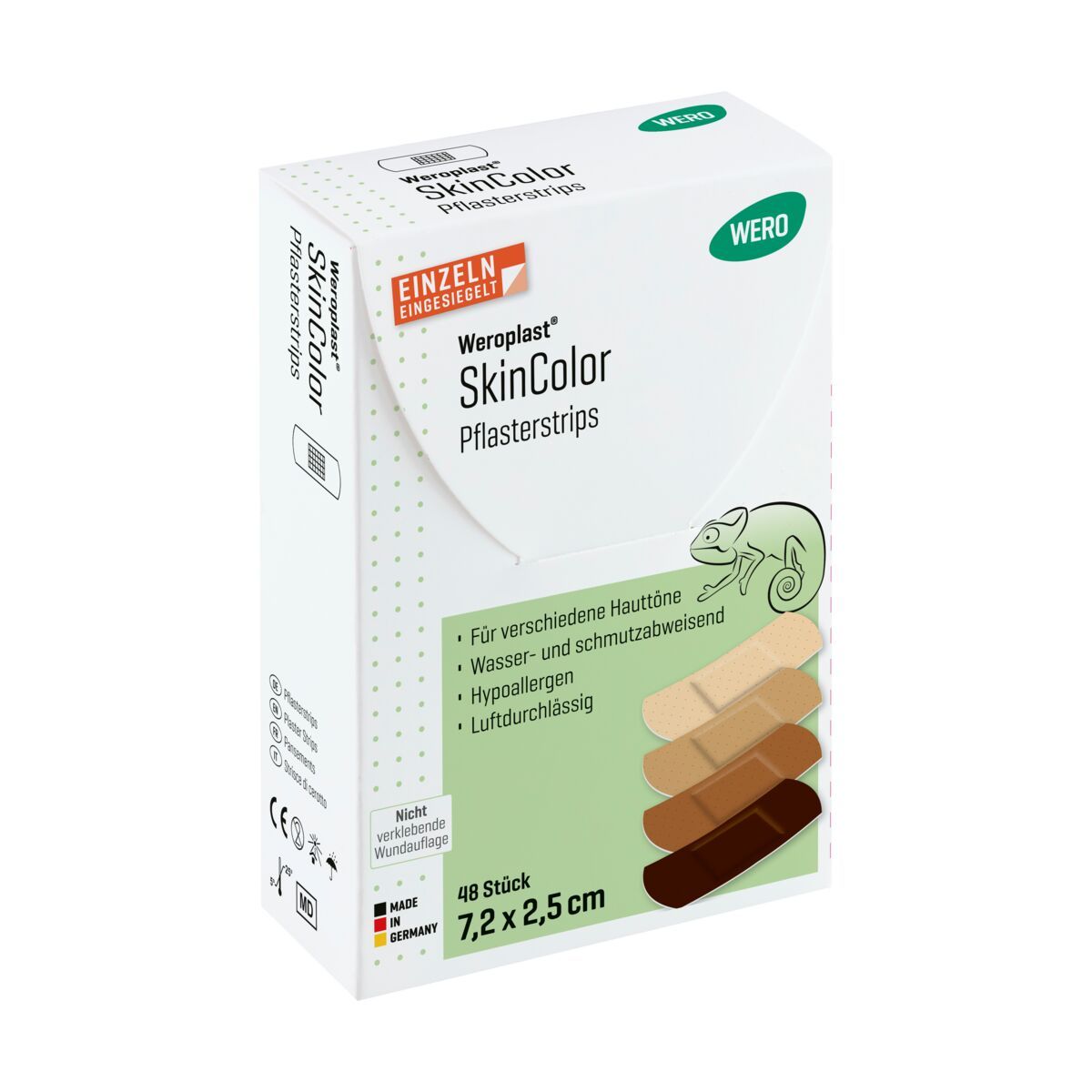 WERO Weroplast SkinColor Pflasterstrips Mix Packung mit 48 Stück, 7,2 x 2,5 cm, in verschiedenen Hauttönen.