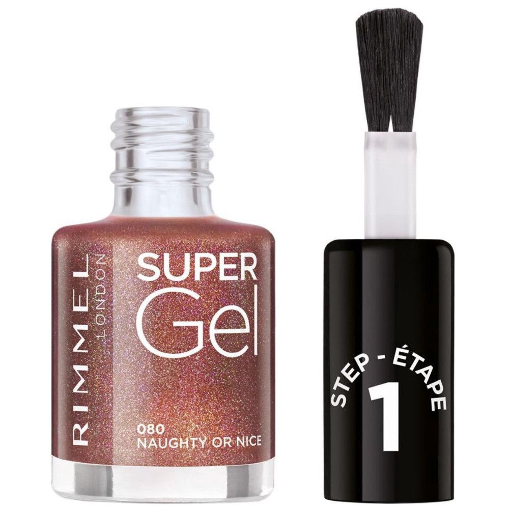 Nagellackflasche und Pinsel. Flasche mit "Rimmel London Super Gel"-Aufdruck. Pinsel mit "Step 1"-Aufdruck.
