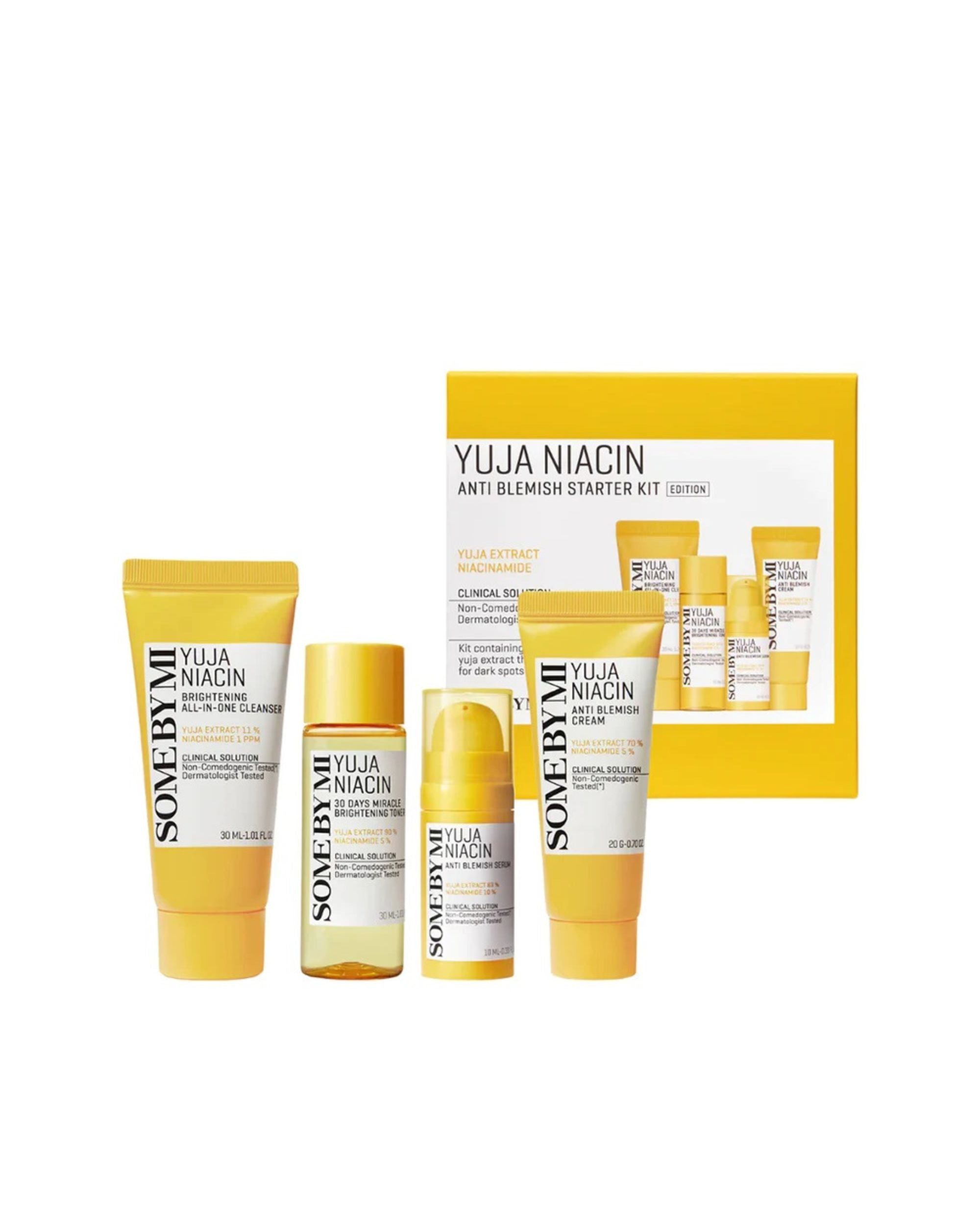 Gelbe SOMEBYMI Yuja Niacin Starter Kit. Enthält Reiniger, Toner, Serum und Creme. Aufschrift: Yuja Niacin Anti Blemish Starter Kit.