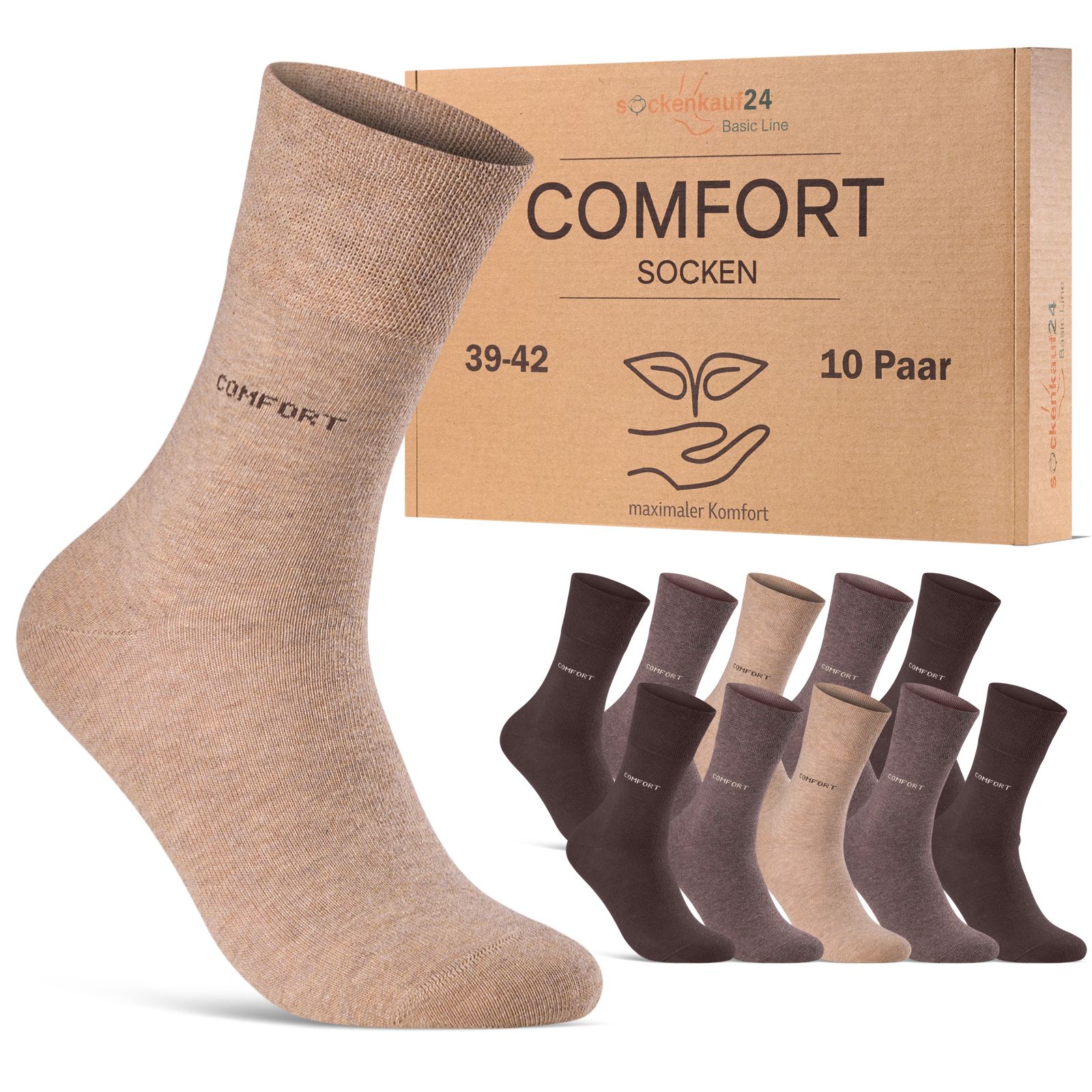 Beige Socken mit Komfortbund, 10 Paar in Karton. Aufschrift 'COMFORT'. Größenangabe 39-42.