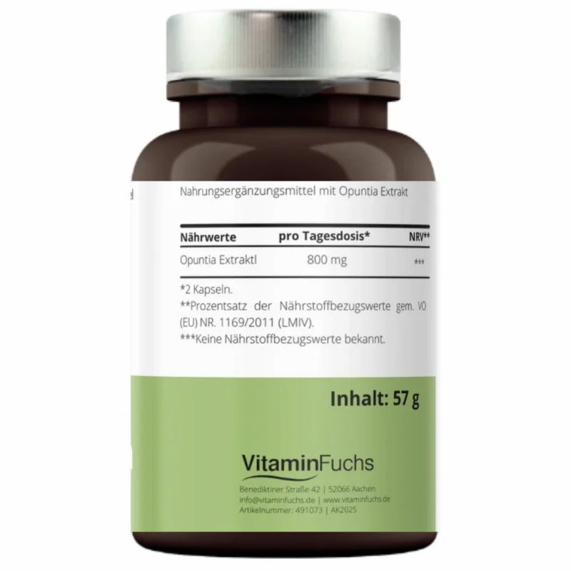 Rückseite einer braunen Flasche. Aufschrift: Opuntia Extrakt, 800 mg, Vitamin Fuchs. Inhalt: 57 g.