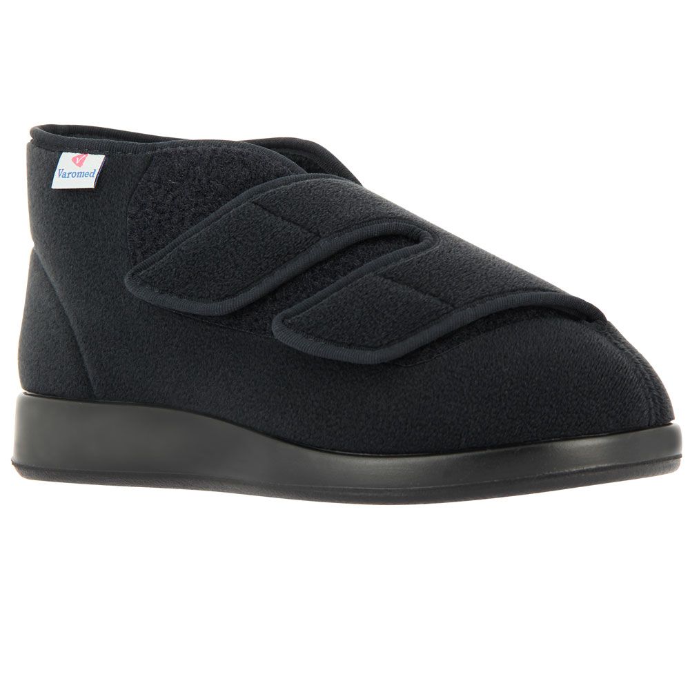 Schwarzer Verbandschuh mit Klettverschlüssen. Marke Varomed. Großes Modell mit breiter Sohle.