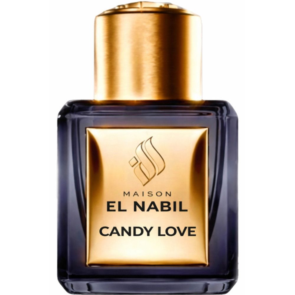 Dunkelblaue Flasche mit goldfarbenem Verschluss und Etikett. Aufschrift: El Nabil Candy Love.