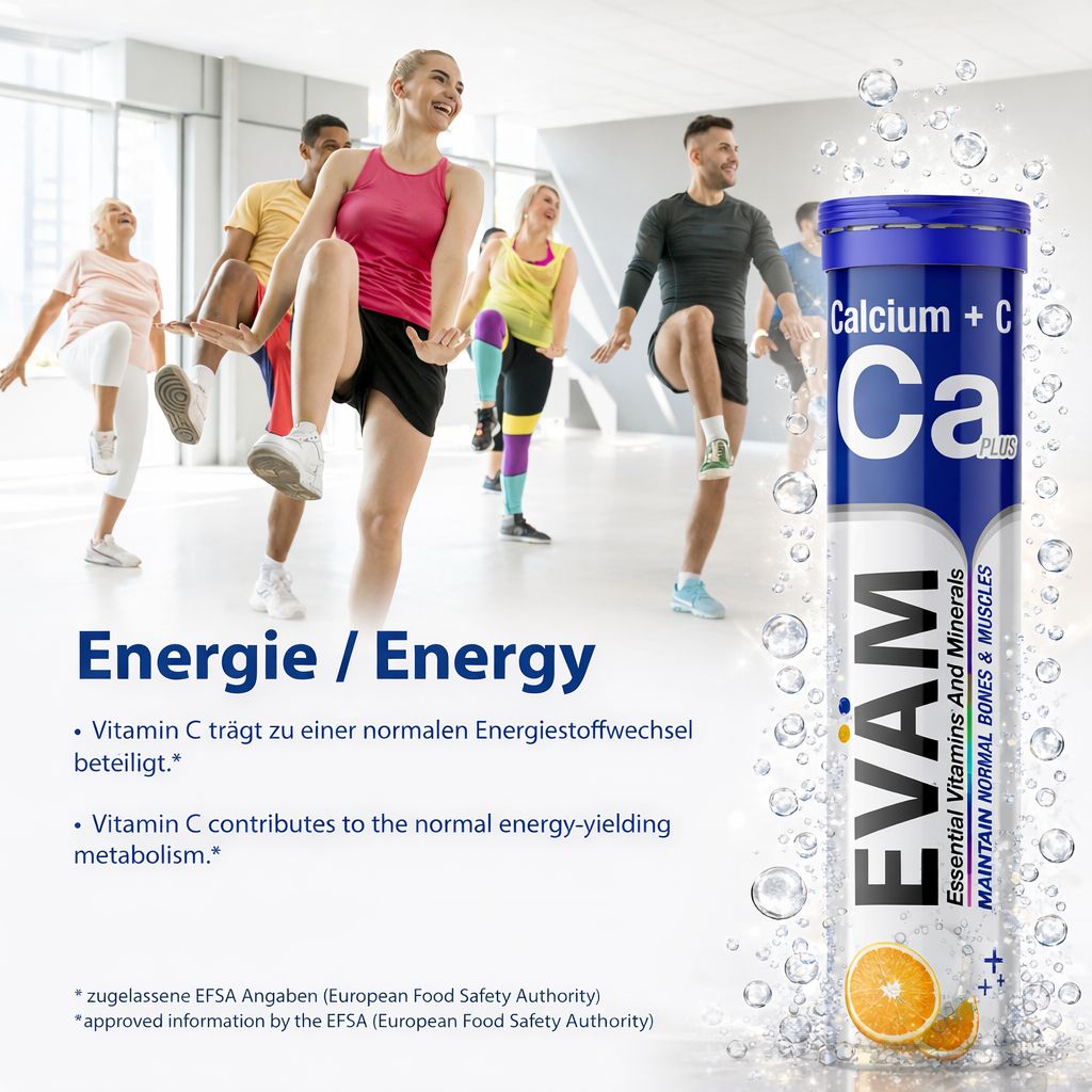 EVÄM Calcium + Vitamin C Brausetabletten. Tube. Sportliche Menschen. Text: Vitamin C trägt zur normalen Energiestoffwechsel bei.