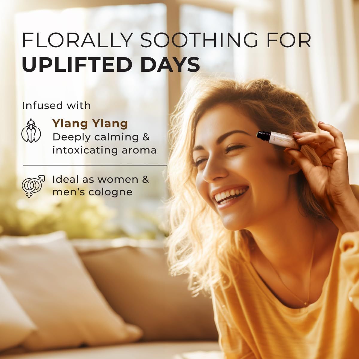 Frau hält Roll-on. Text: Ylang Ylang, ideal als Damen- und Herren-Cologne.