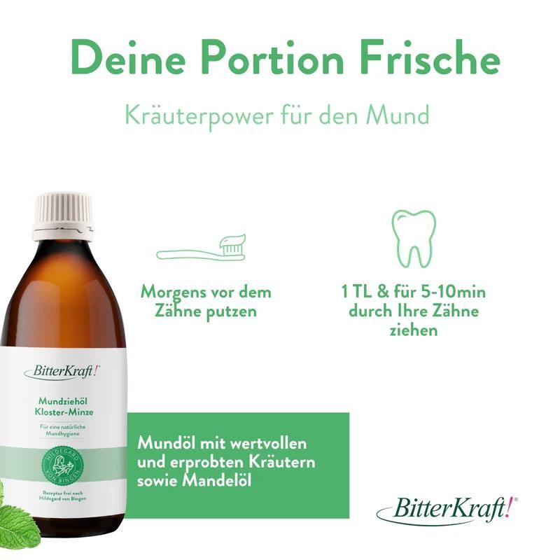 Flasche BitterKraft! Mundziehöl Kloster-Minze neben Zahnbürste und Zahn-Symbol. Text: Morgens Zähne putzen. 1 TL & 5-10min durch Zähne ziehen.