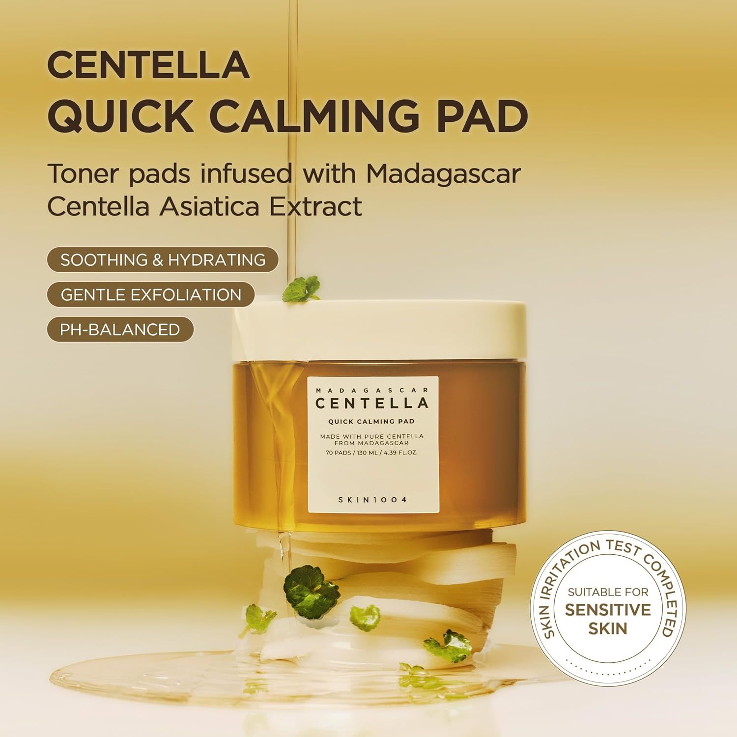 Behälter mit Toner-Pads. Aufschrift: Centella Quick Calming Pad. Text: Soothing & Hydrating, Gentle Exfoliation, PH-Balanced. Geeignet für empfindliche Haut.