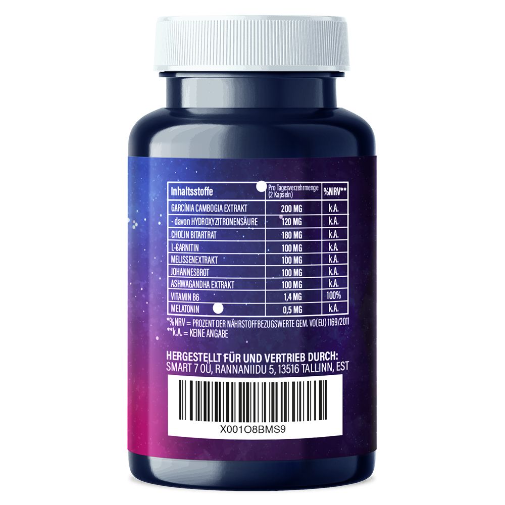 Rückseite der blauen Flasche. Text: Inhaltsstoffe, pro Tagesverzehrmenge, hergestellt für und vertrieben durch. Barcode.
