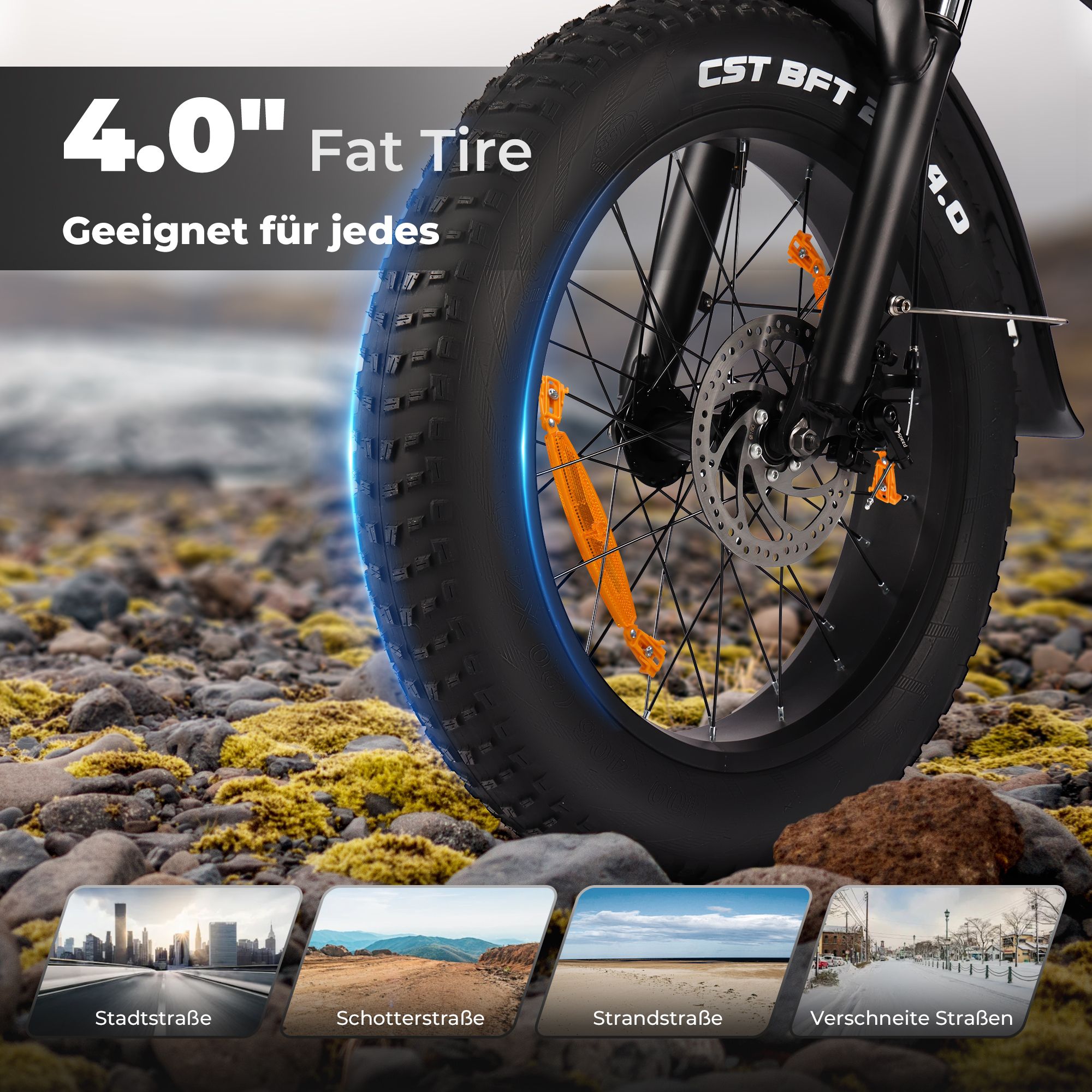 E-Bike-Rad mit 4.0" Fat Tire. Schwarzer Reifen, orangefarbene Reflektoren. Geeignet für verschiedene Straßen.
