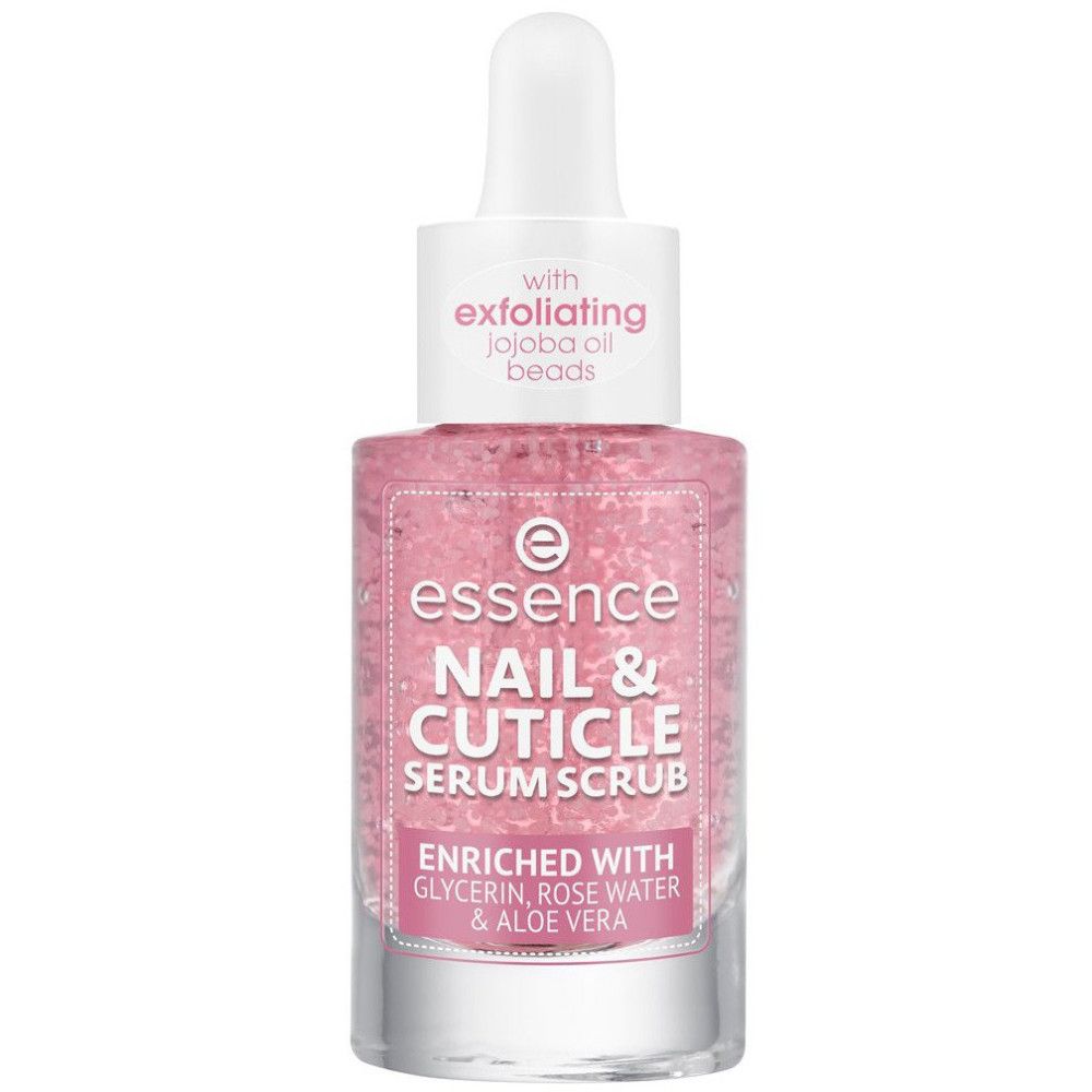 Essence Nagel- und Nagelhaut-Serum. Rosa Flüssigkeit in einer Glasflasche mit Pipette. Text: Nail & Cuticle Serum Scrub.