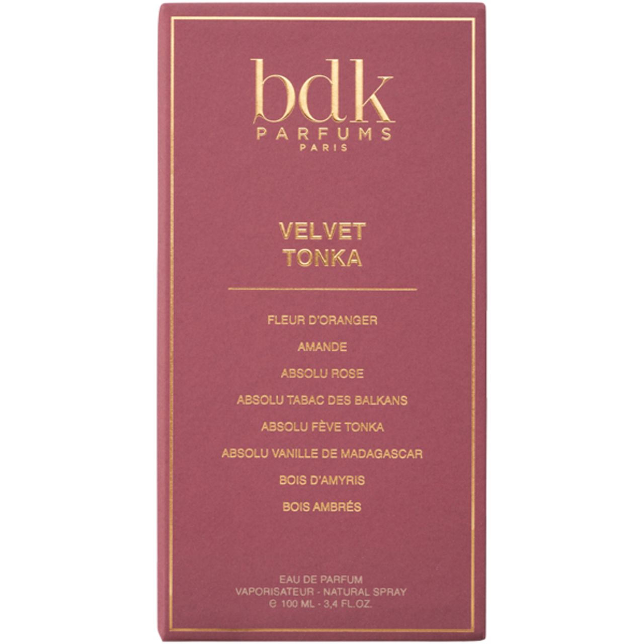 Verpackung für Parfüm. BDK Parfums, Velvet Tonka, Inhaltsstoffe. Rosa-goldene Farbkombination. Text: Eau de Parfum, Vaporisateur - Natural Spray, 100 ml.