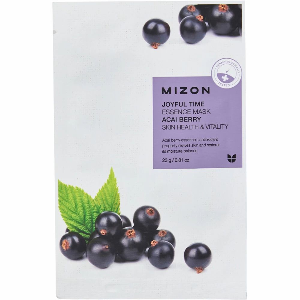 MIZON Joyful Time Essence Mask Acai Berry Gesichtsmaske mit Beerenmotiv und Produktinformationen.