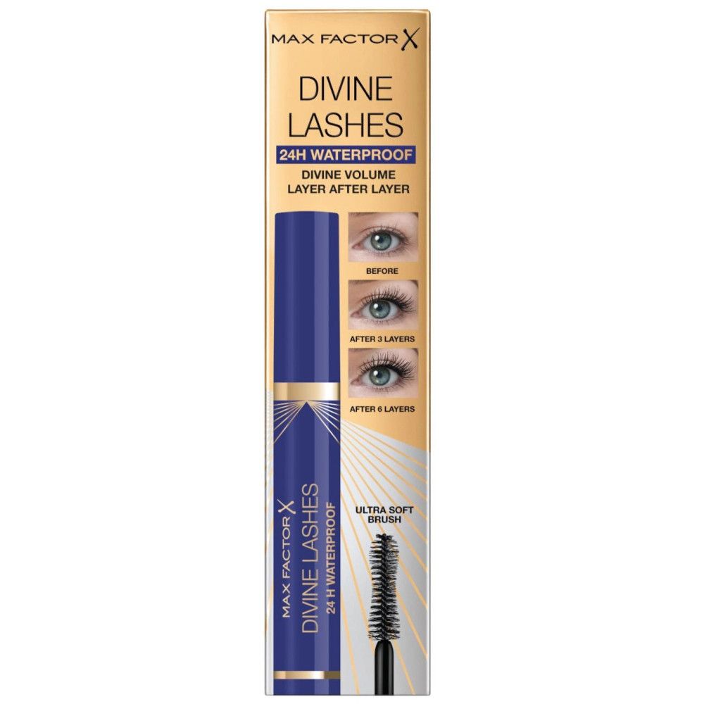 Verpackung von Max Factor Divine Lashes Wimperntusche. Blaue Tube mit goldfarbenen Akzenten. Text: Divine Lashes, 24H Waterproof. Illustrationen von Wimpern.