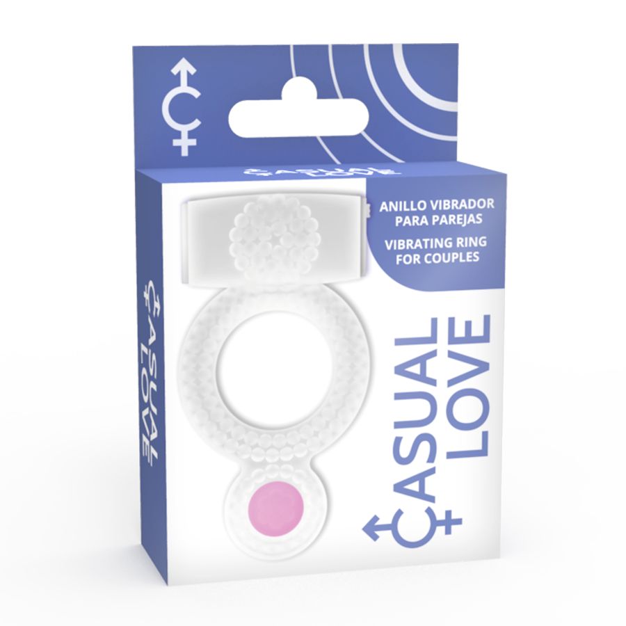 Verpackung mit weißem Penisring mit Vibration, rosa Akzenten und Produktname. Text: Vibrating Ring for Couples.