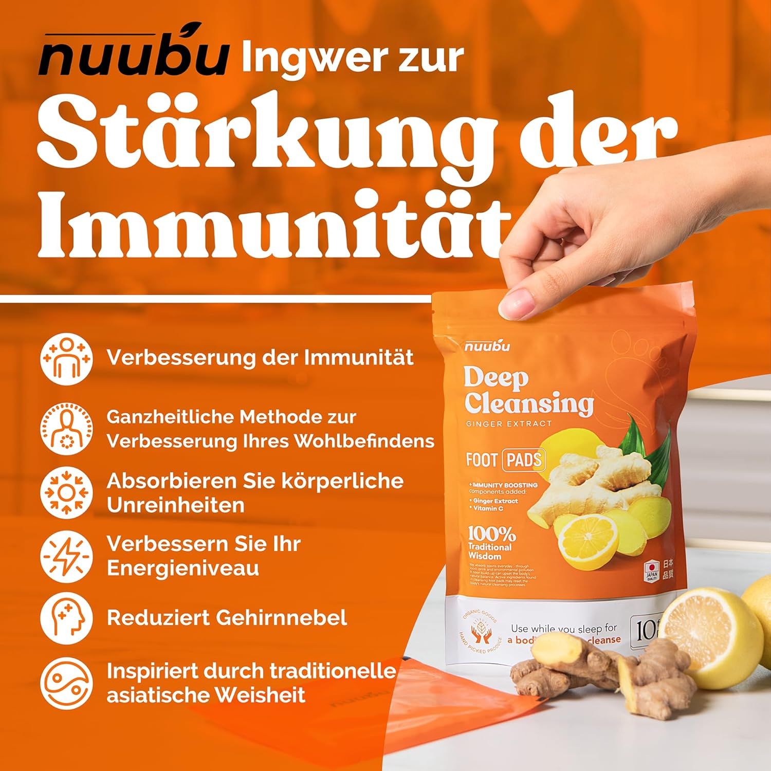 Orangefarbene Verpackung mit "Nuubu" und "Deep Cleansing". Abbildungen von Ingwer und Zitrone. Text: "Foot Pads".