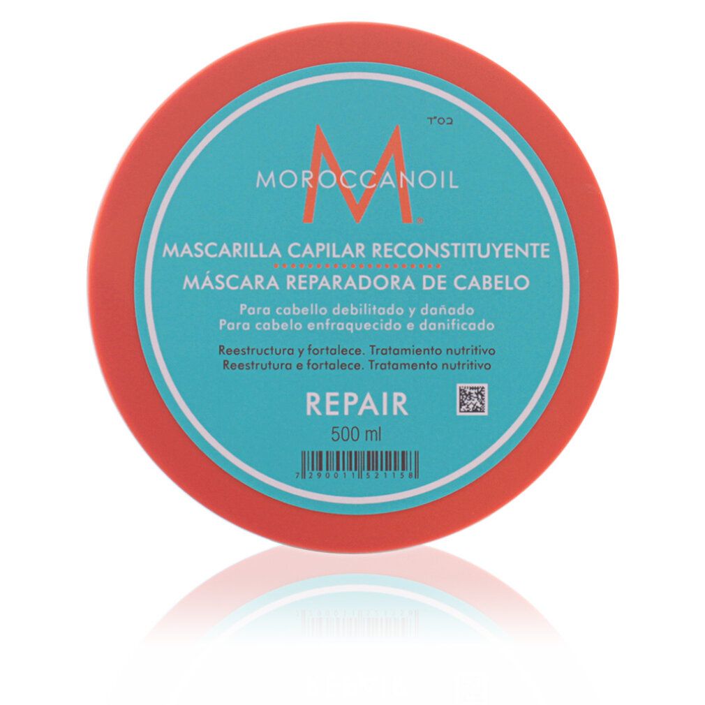 Runde Dose mit orangefarbenem Deckel und türkisfarbenem Etikett. Text: Moroccanoil, Haarmaske, Repair. 500 ml.