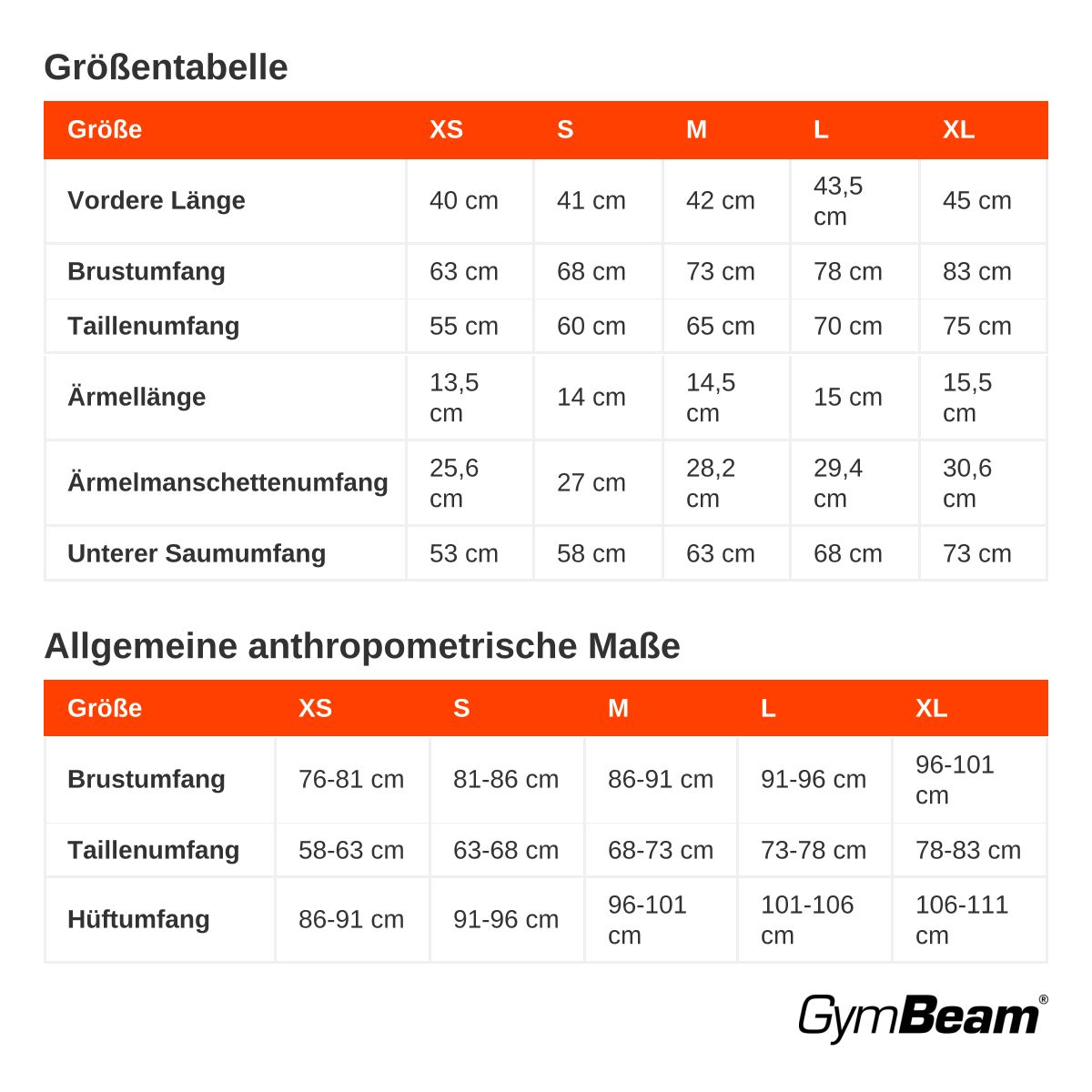 Größentabelle für Damenbekleidung mit Maßen in cm für verschiedene Größen.