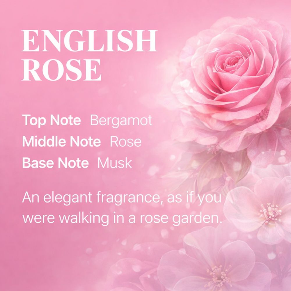 Rosa Hintergrund mit Rosen. Text: „English Rose“. Noten: Bergamotte, Rose, Moschus. Text: „Eleganter Duft“.