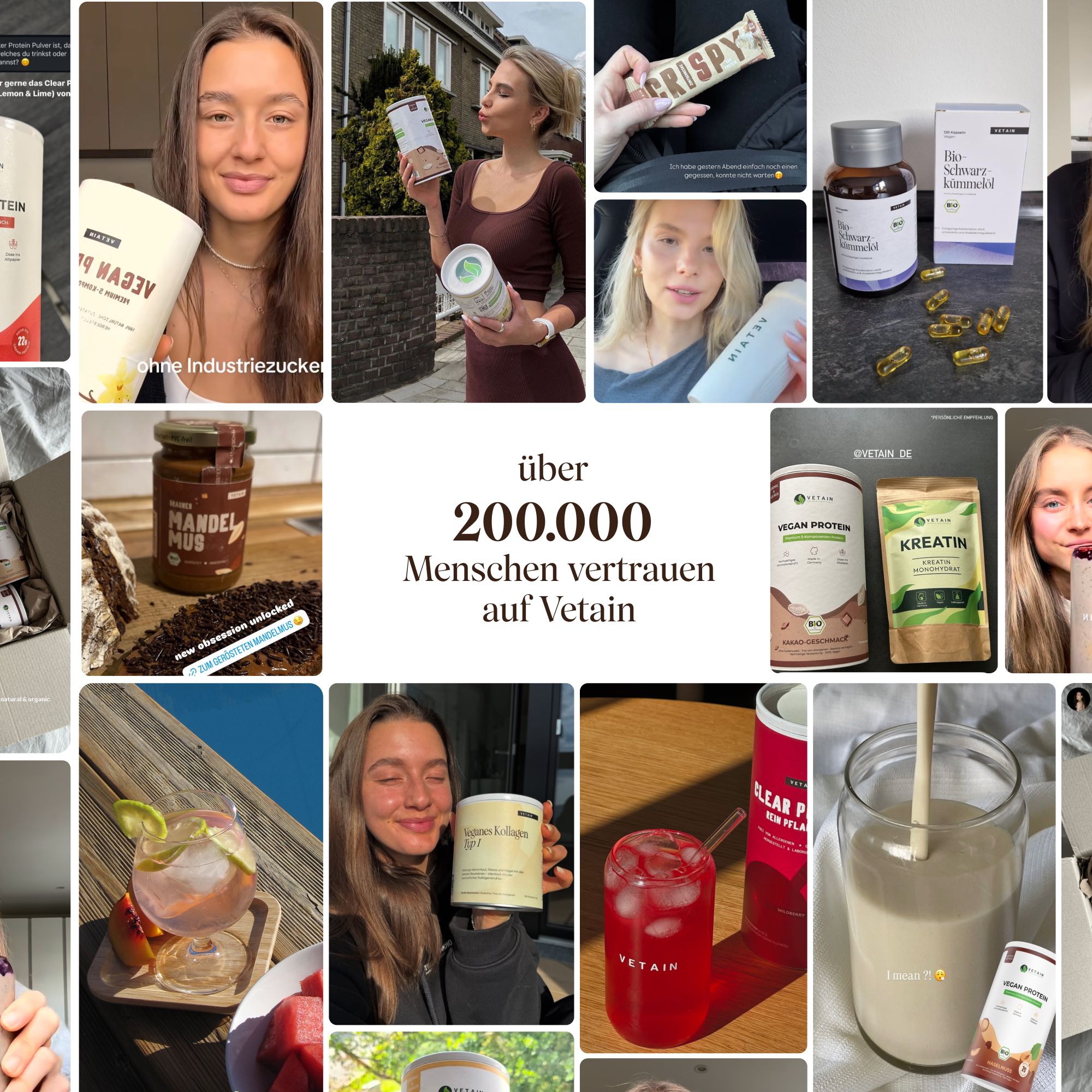 Collage von Bildern mit Produkten und Personen. Produkte sind sichtbar, darunter Vegan Protein.