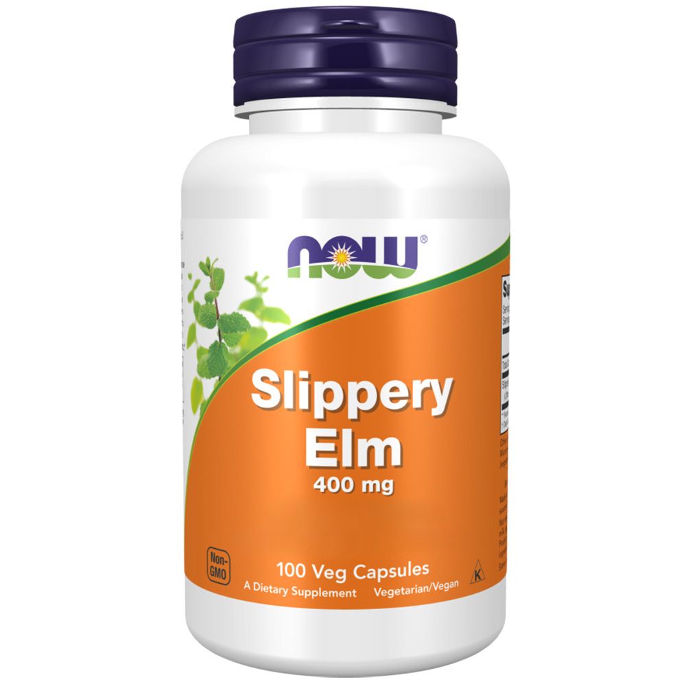 Weiße Flasche mit blauem Deckel. Aufschrift: Slippery Elm 400 mg, 100 Veg Capsules. Marke: NOW.