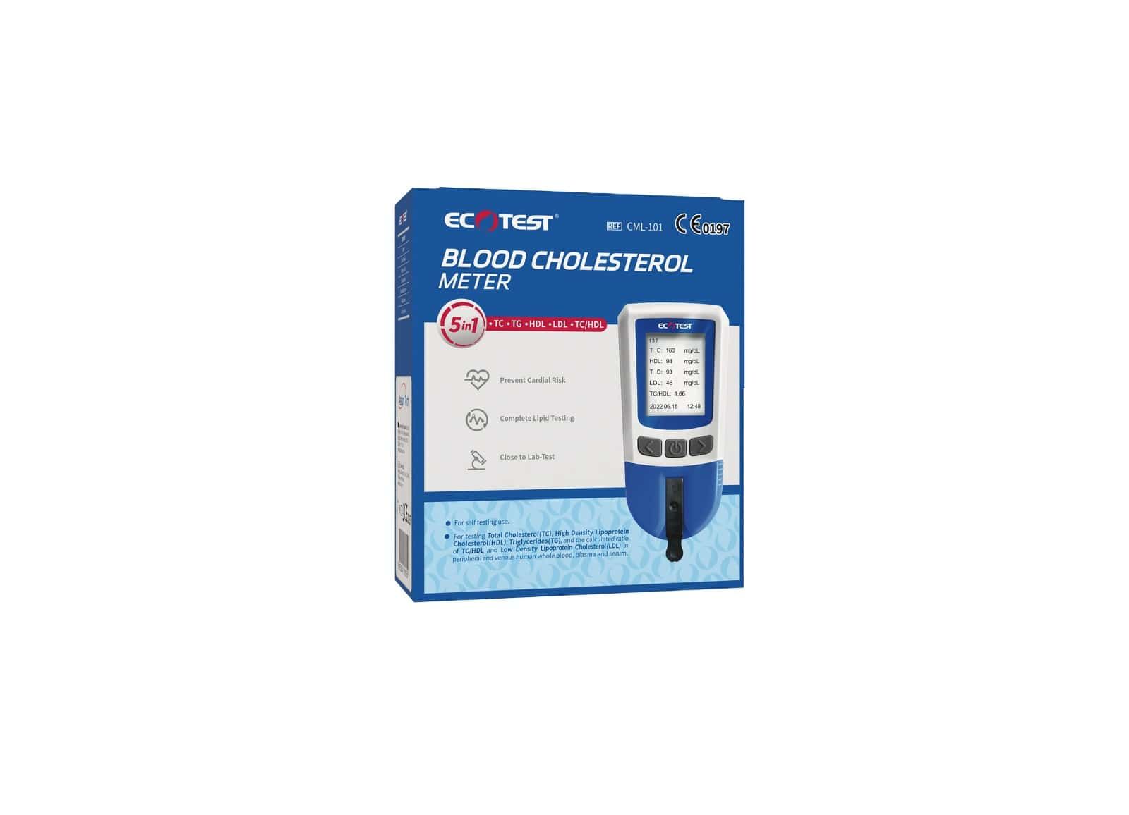 Ecotest Blut-Cholesterin-Messgerät mit 5-in-1-Funktion, inklusive Teststreifen und Zubehör. Digitale Anzeige.
